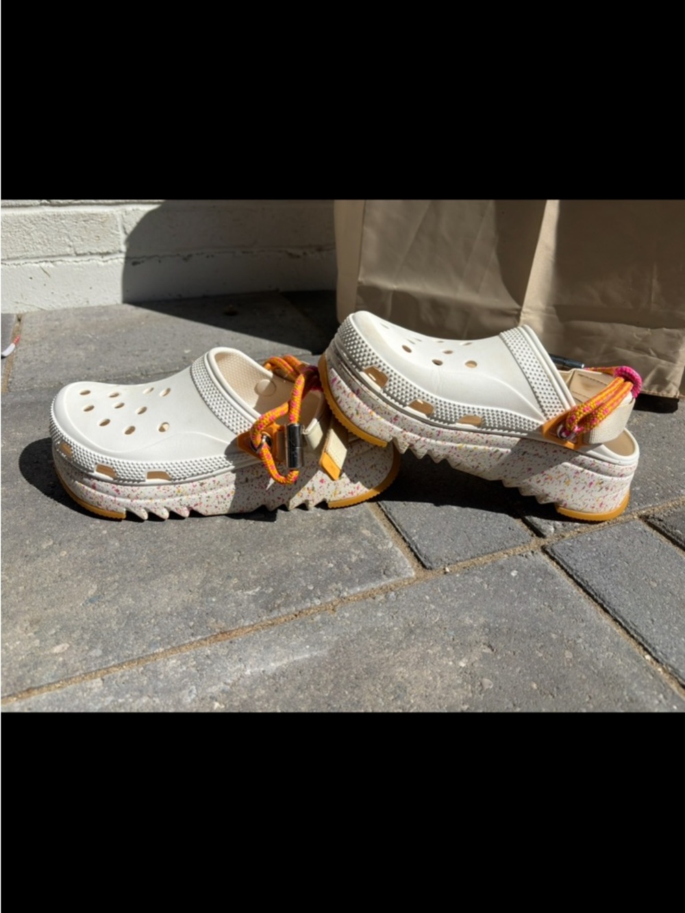 CROCS Hiker Festival White Platform Clogs with Speckled Sole and Orange Accents